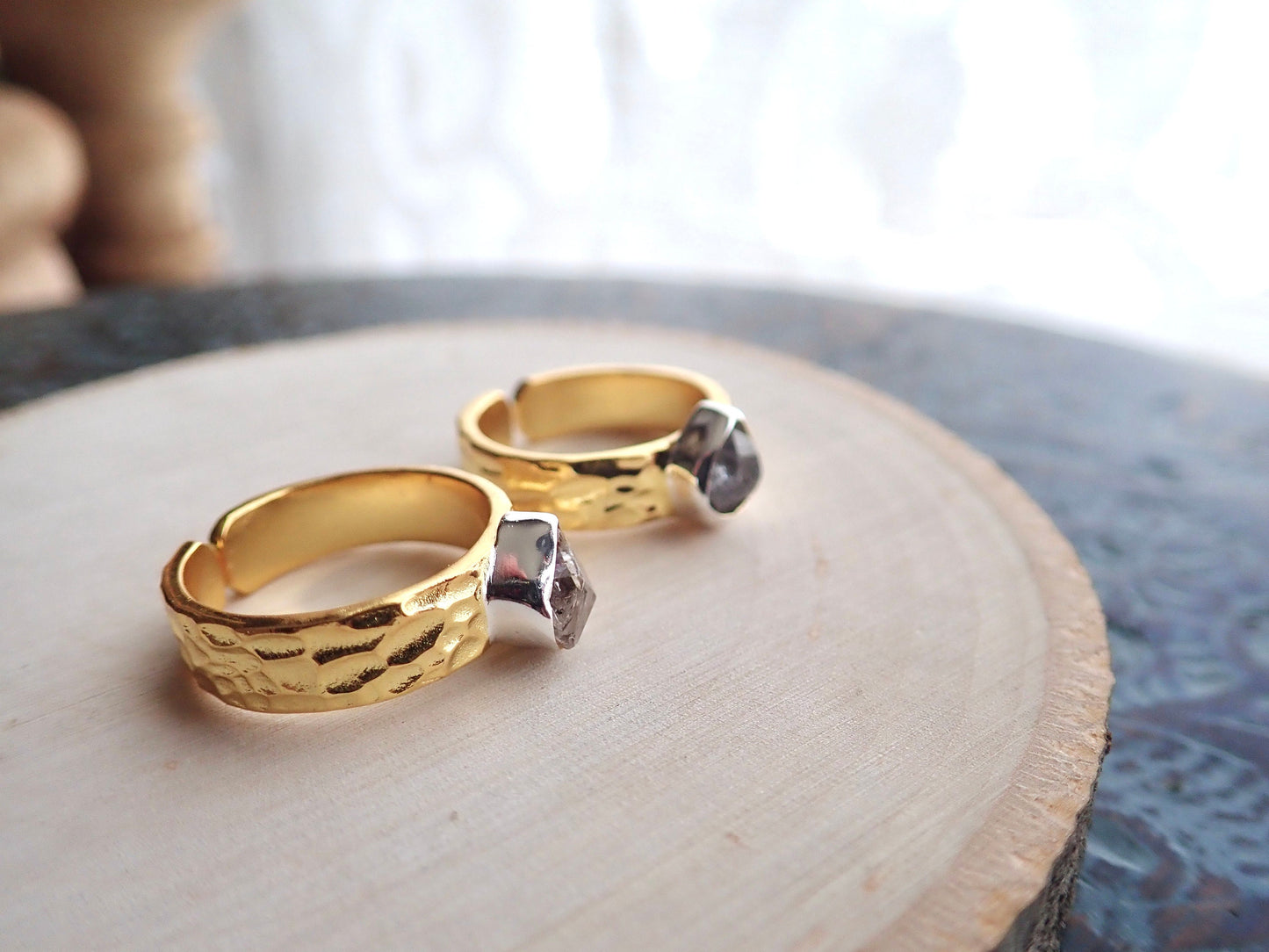 Raw Herkimer Diamond Ring – Wide Hammered Band in Two-Tone Gold & Silver - Rustic Herkimer Diamond Ring – Mixed Metal Band with Raw Crystal Solitaire