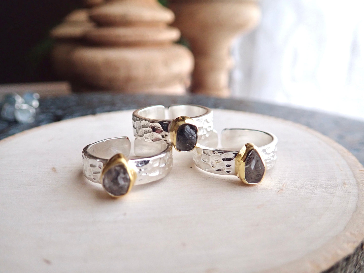 Hammered Silver Herkimer Diamond Ring -Wide Band Gemstone Ring ,April Birthstone Gift
