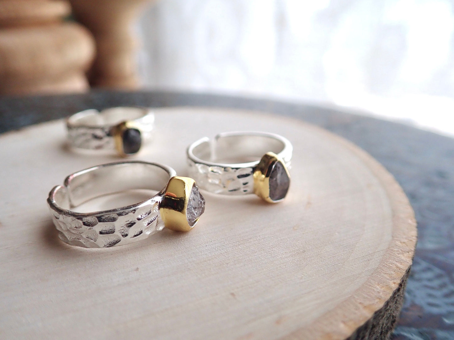 Hammered Silver Herkimer Diamond Ring -Wide Band Gemstone Ring ,April Birthstone Gift