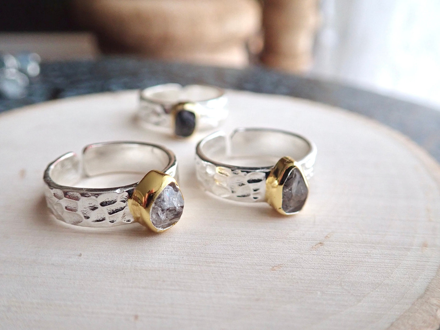 Hammered Silver Herkimer Diamond Ring -Wide Band Gemstone Ring ,April Birthstone Gift