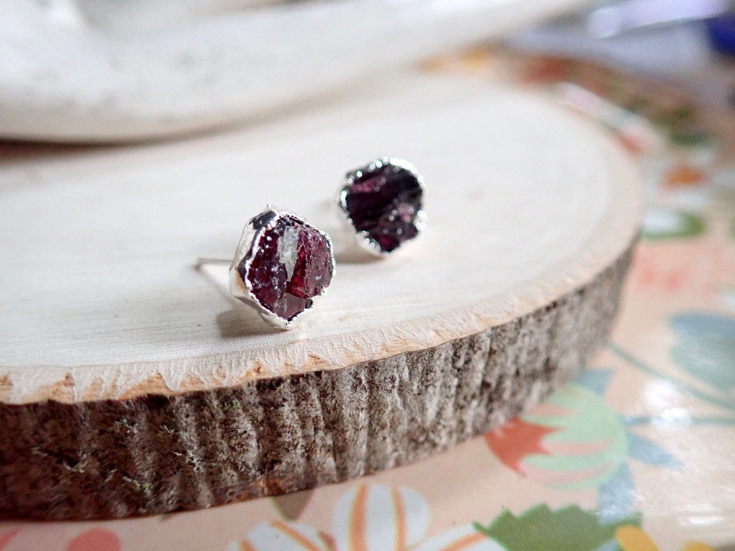 Organic Garnet Stud Earrings | Handcrafted Sterling Silver Studs - Hypo-Allergenic Earrings