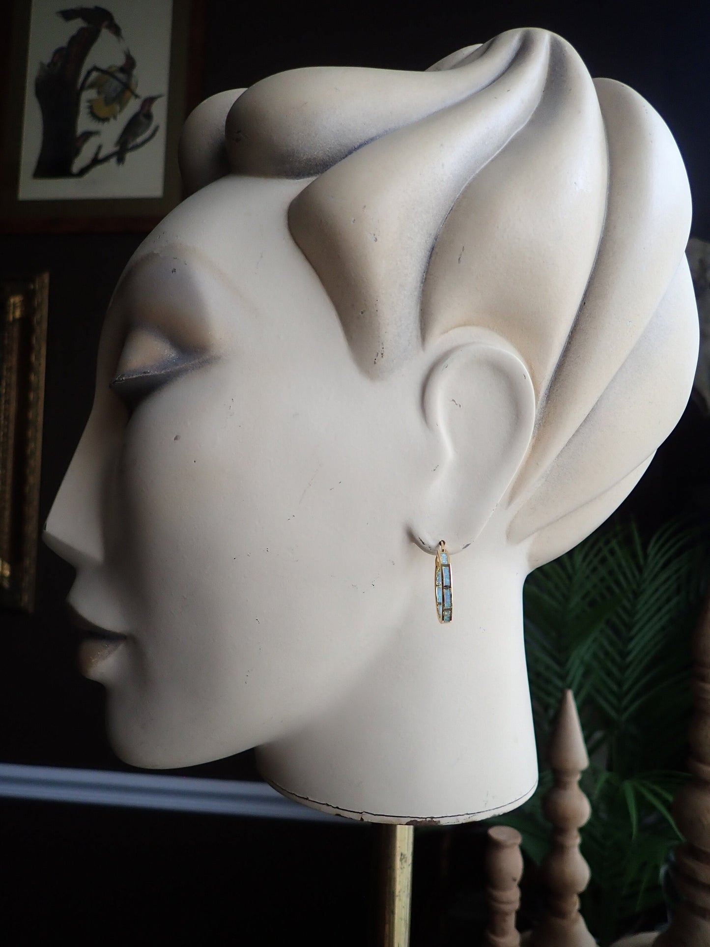 Silver Opal Hoop Earrings Inlaid with Blue Opal - Medium Gemstone Hoops - October Birthstone Gift