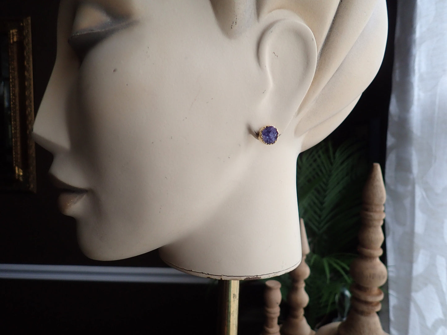 Purple Druzy Crystal Studs – Round Cut with 14k Gold Plating