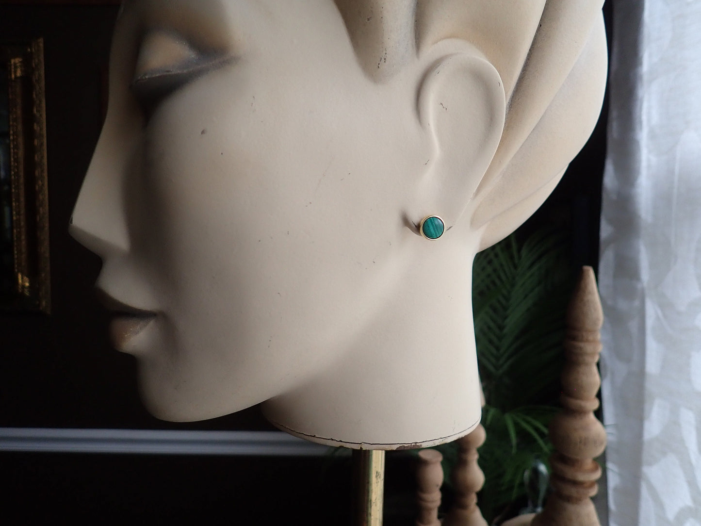 Genuine Malachite Stud Earrings – Fancy 14k Gold Bezel, Minimalist Gemstone Jewelry