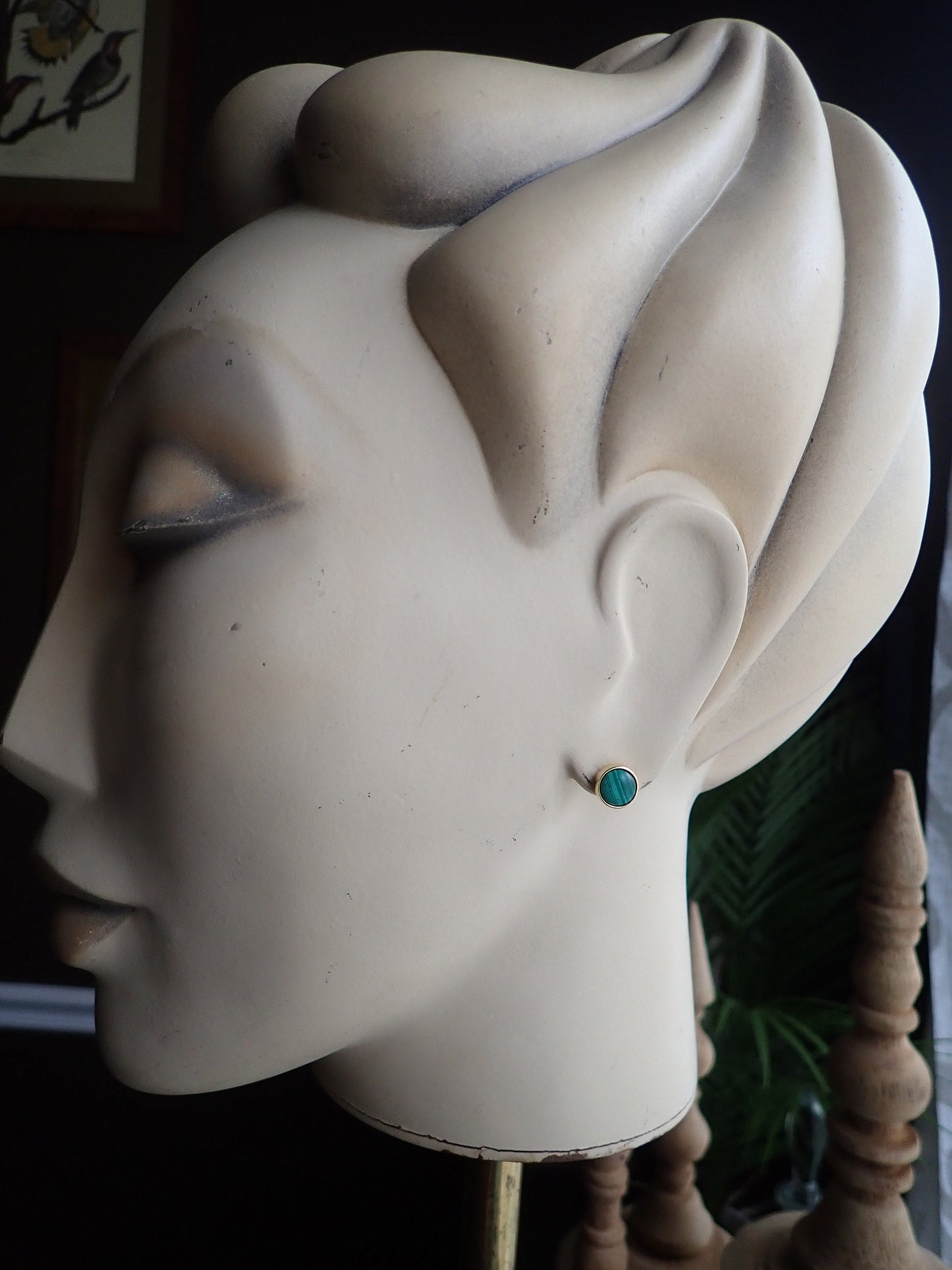 Genuine Malachite Stud Earrings – Fancy 14k Gold Bezel, Minimalist Gemstone Jewelry
