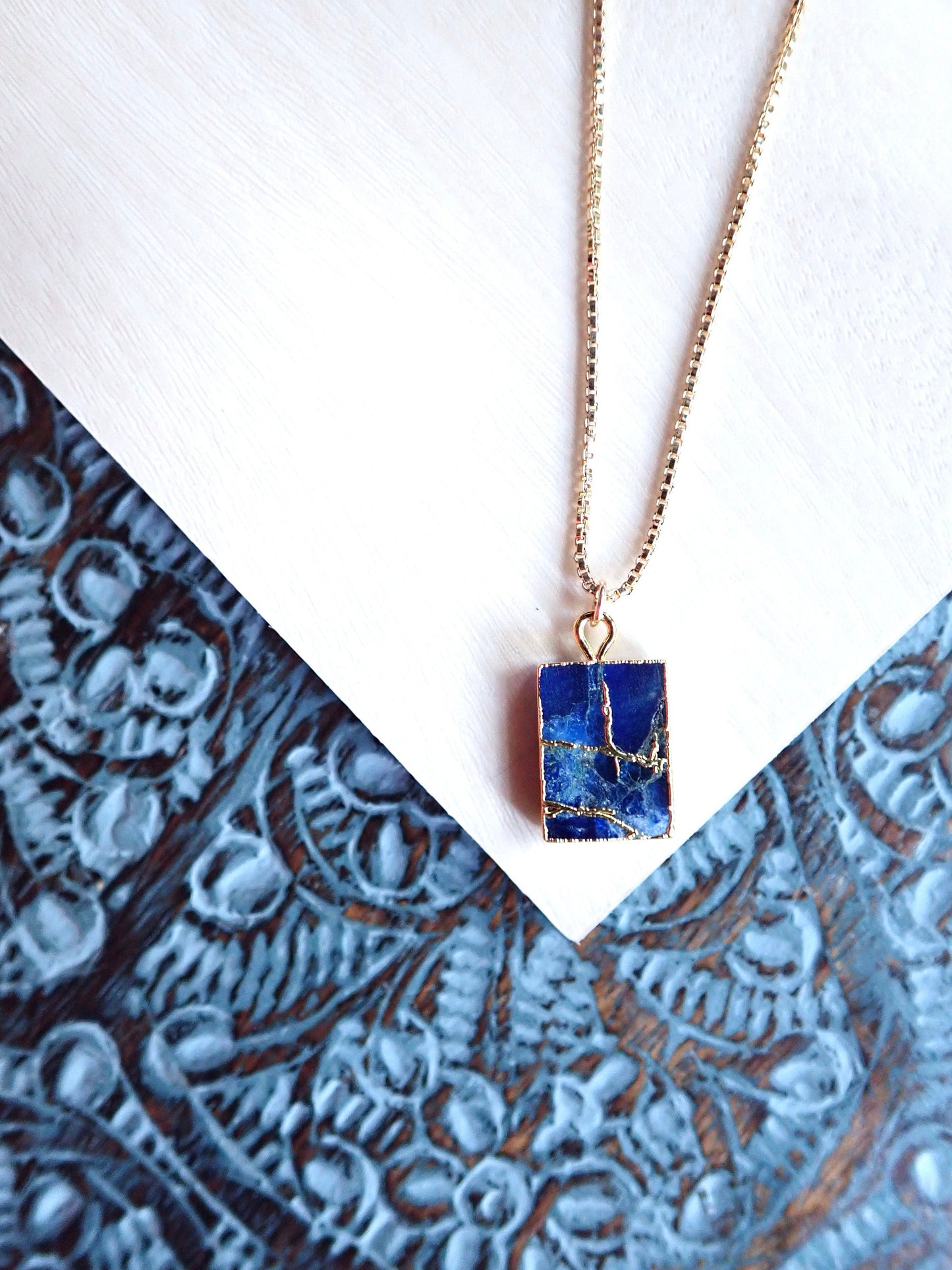 Mojave Turquoise & Sapphire Pendant Necklace – Rectangular Charm on 18k Gold Filled Chain