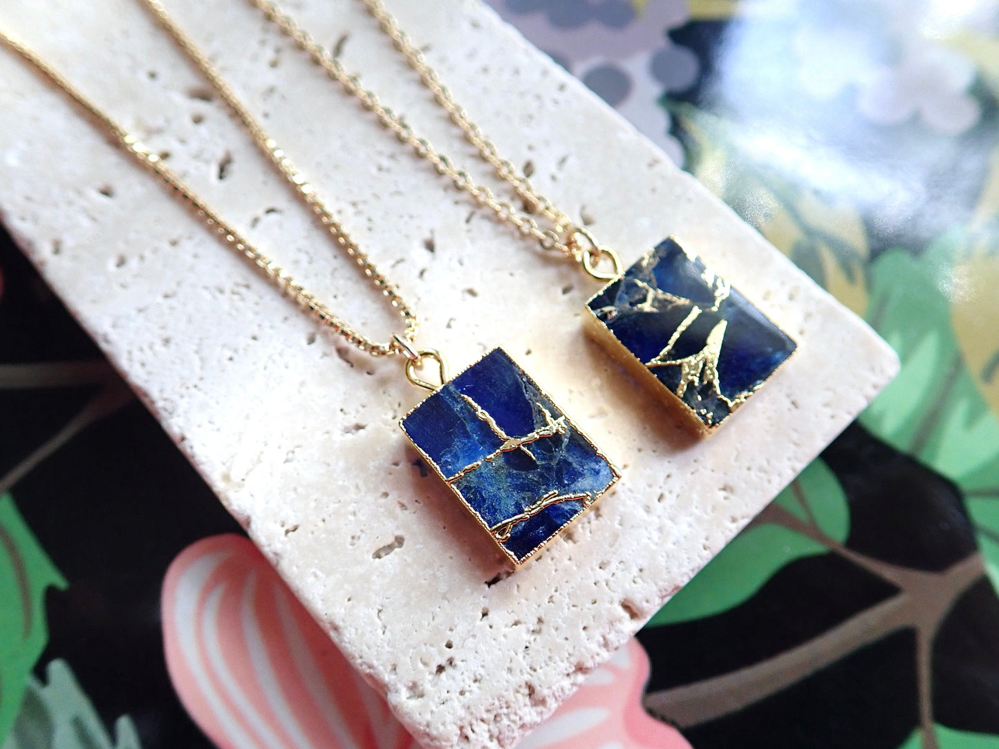 Mojave Turquoise & Sapphire Pendant Necklace – Rectangular Charm on 18k Gold Filled Chain