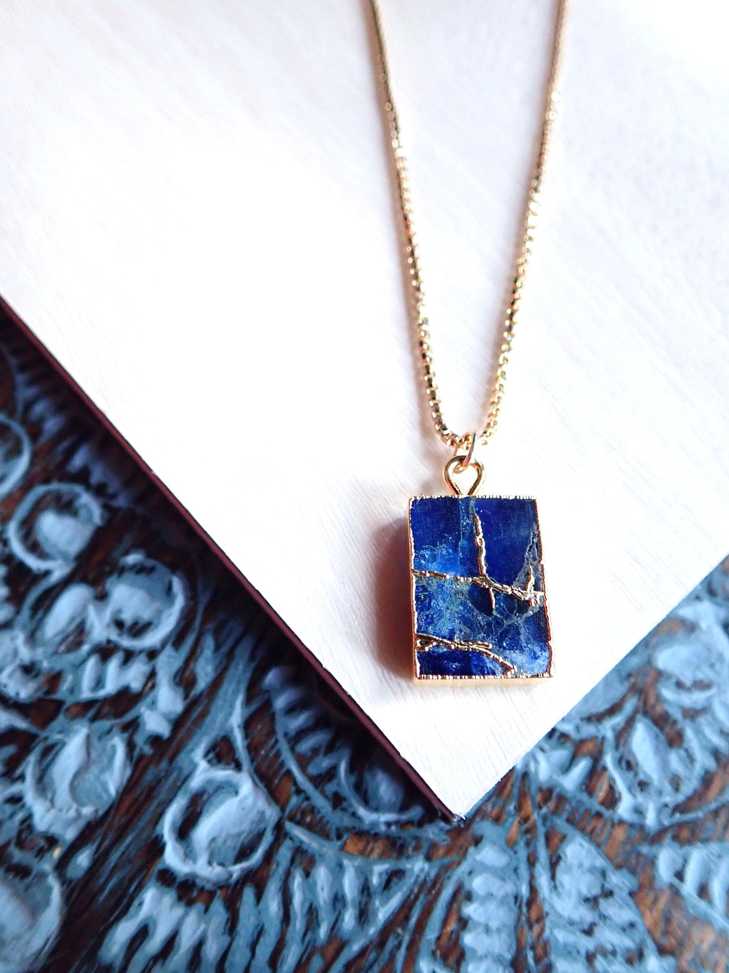 Mojave Turquoise & Sapphire Pendant Necklace – Rectangular Charm on 18k Gold Filled Chain