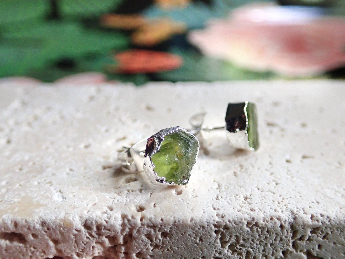 Raw Peridot Stud Earrings – Sterling Silver Electroplated | Natural August Birthstone Jewelry