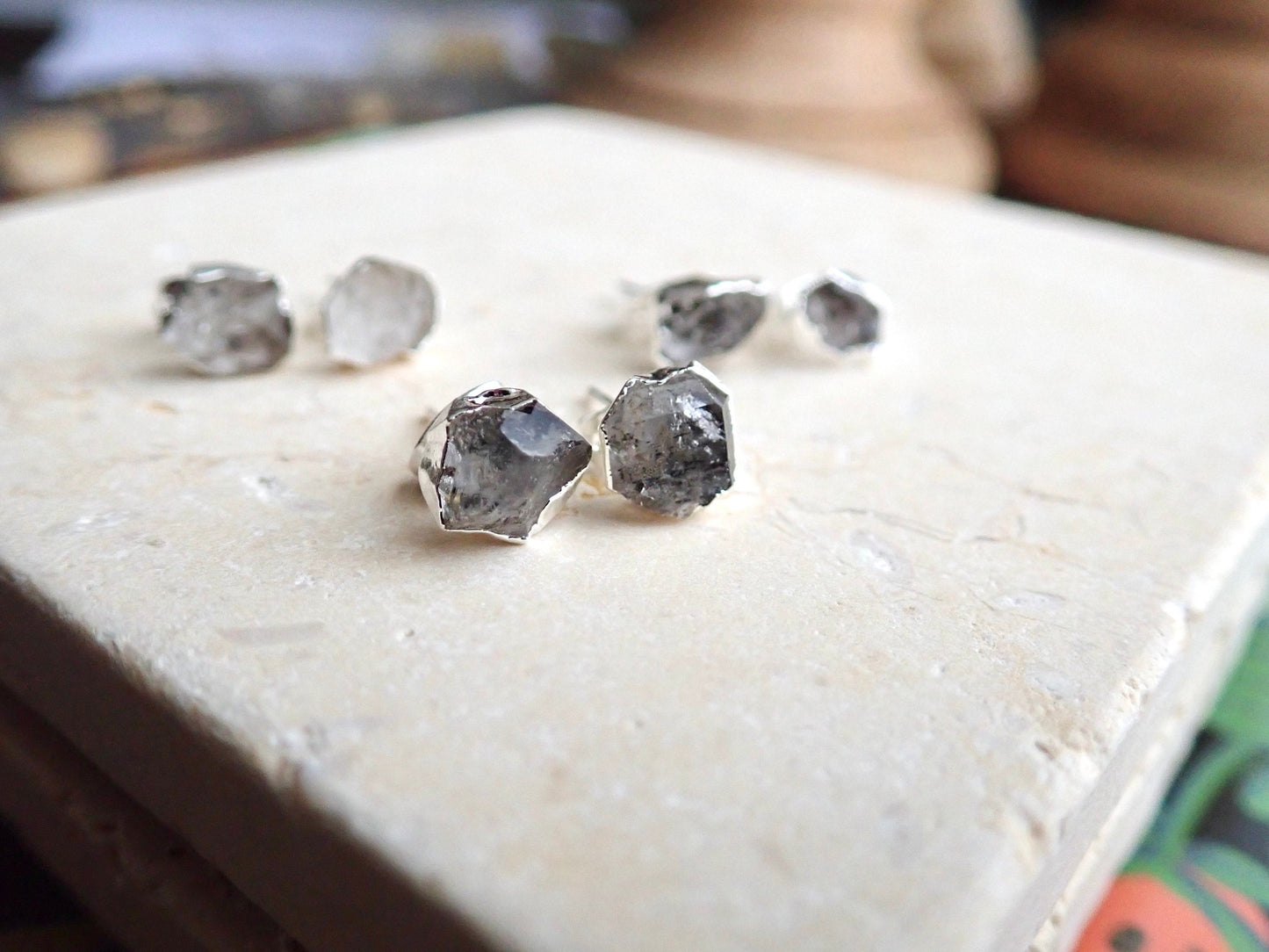 Raw Herkimer Diamond Stud Earrings | 14K Gold Plated | Natural Crystal Jewelry