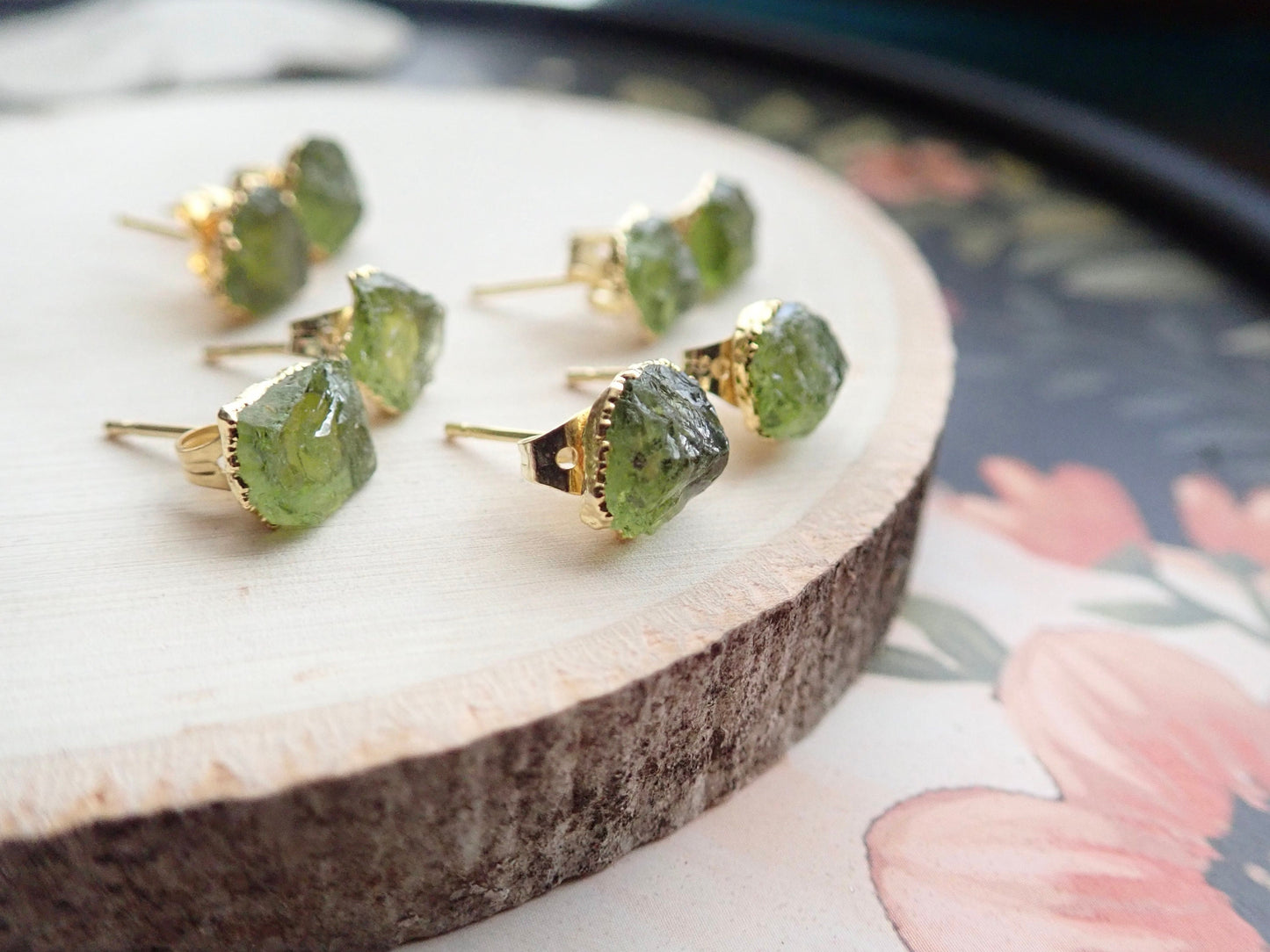 Raw Peridot Stud Earrings - Natural Green Crystal Gemstone - August Birthday Gift