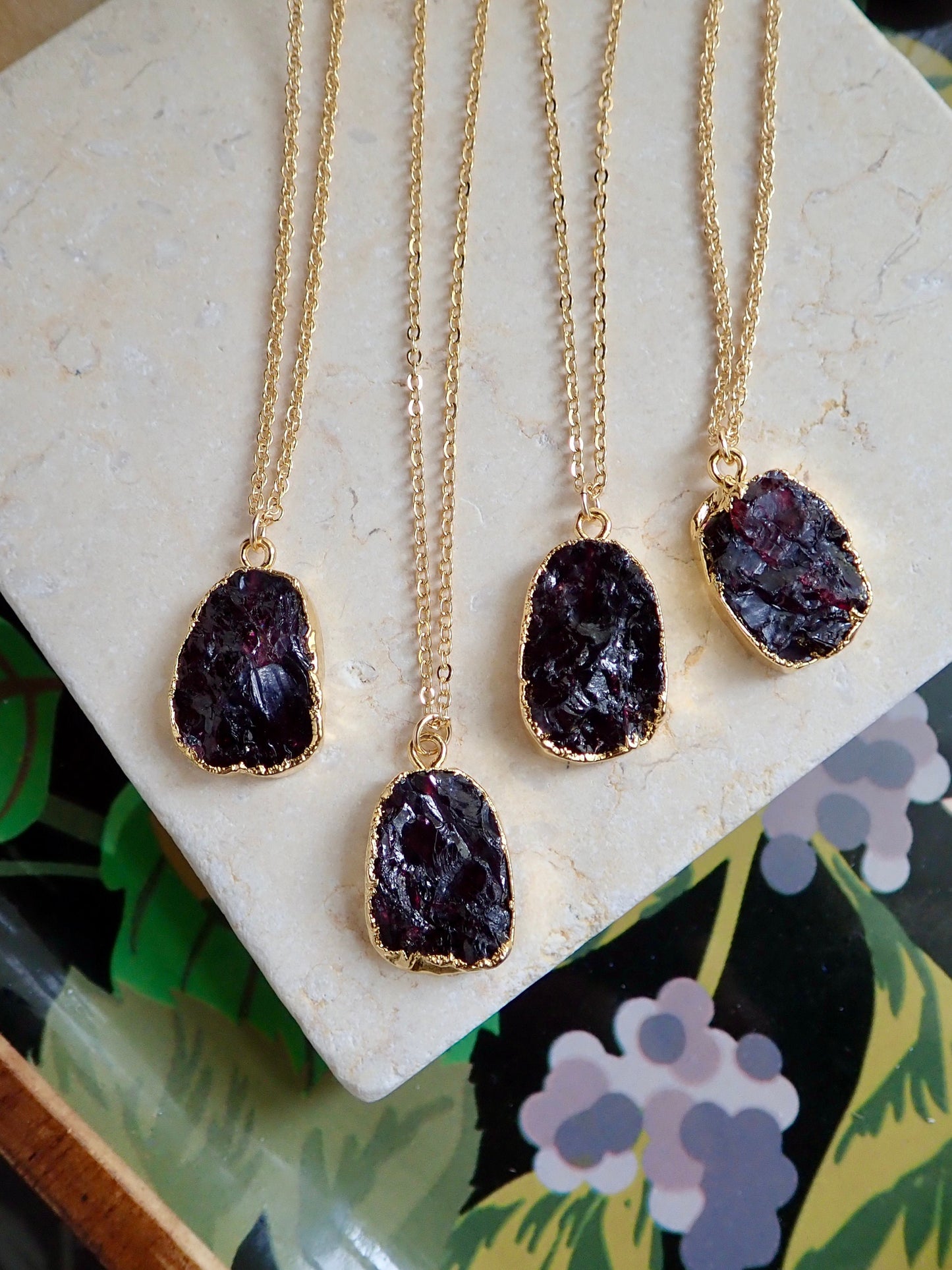 Raw Garnet Slice Necklace – 14k Gold Electroplated | 18k Gold Fill Chain in Cable or Wheat Style