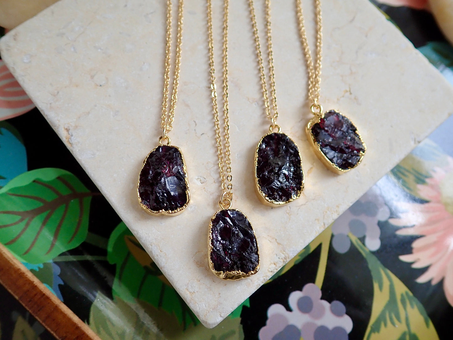 Raw Garnet Slice Necklace – 14k Gold Electroplated | 18k Gold Fill Chain in Cable or Wheat Style