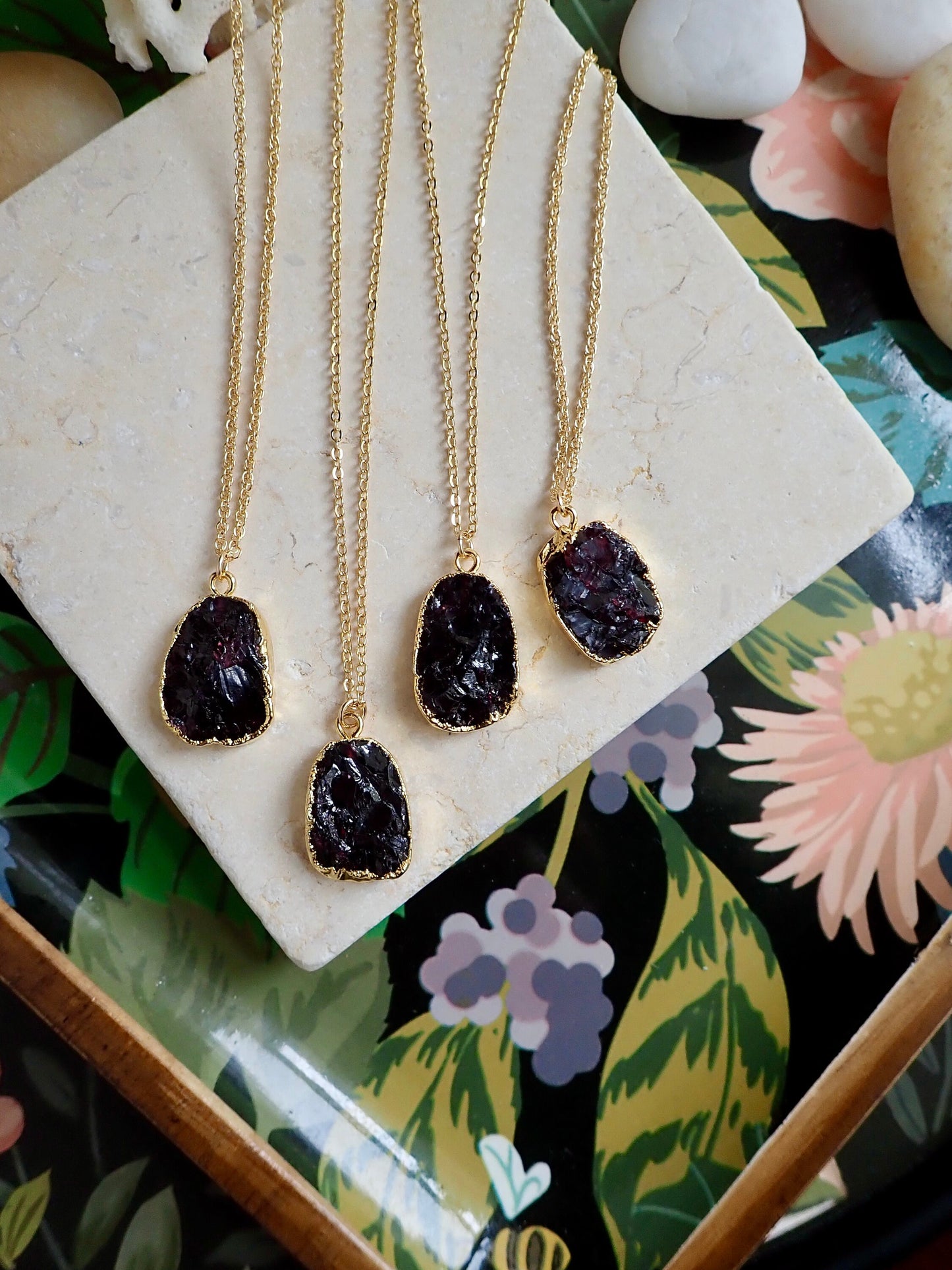 Raw Garnet Slice Necklace – 14k Gold Electroplated | 18k Gold Fill Chain in Cable or Wheat Style