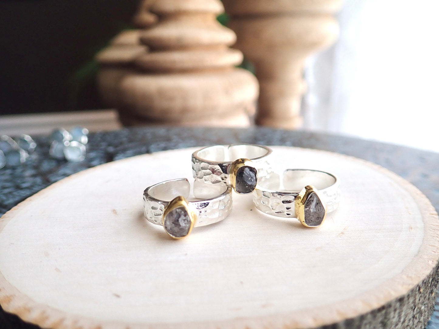 Hammered Silver Herkimer Diamond Ring -Wide Band Gemstone Ring ,April Birthstone Gift