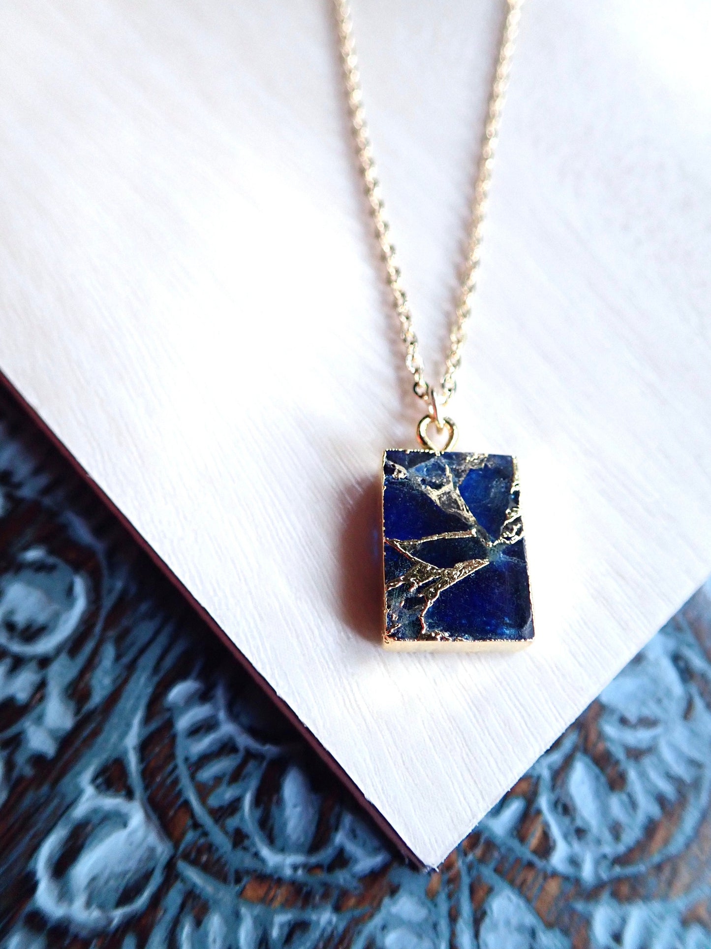 Mojave Turquoise & Sapphire Pendant Necklace – Rectangular Charm on 18k Gold Filled Chain