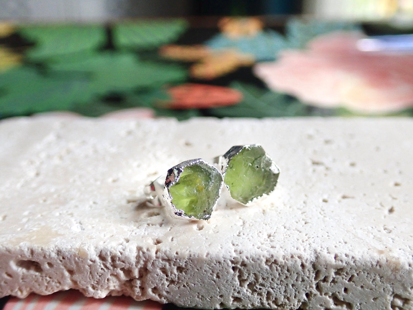Raw Peridot Stud Earrings – Sterling Silver Electroplated | Natural August Birthstone Jewelry