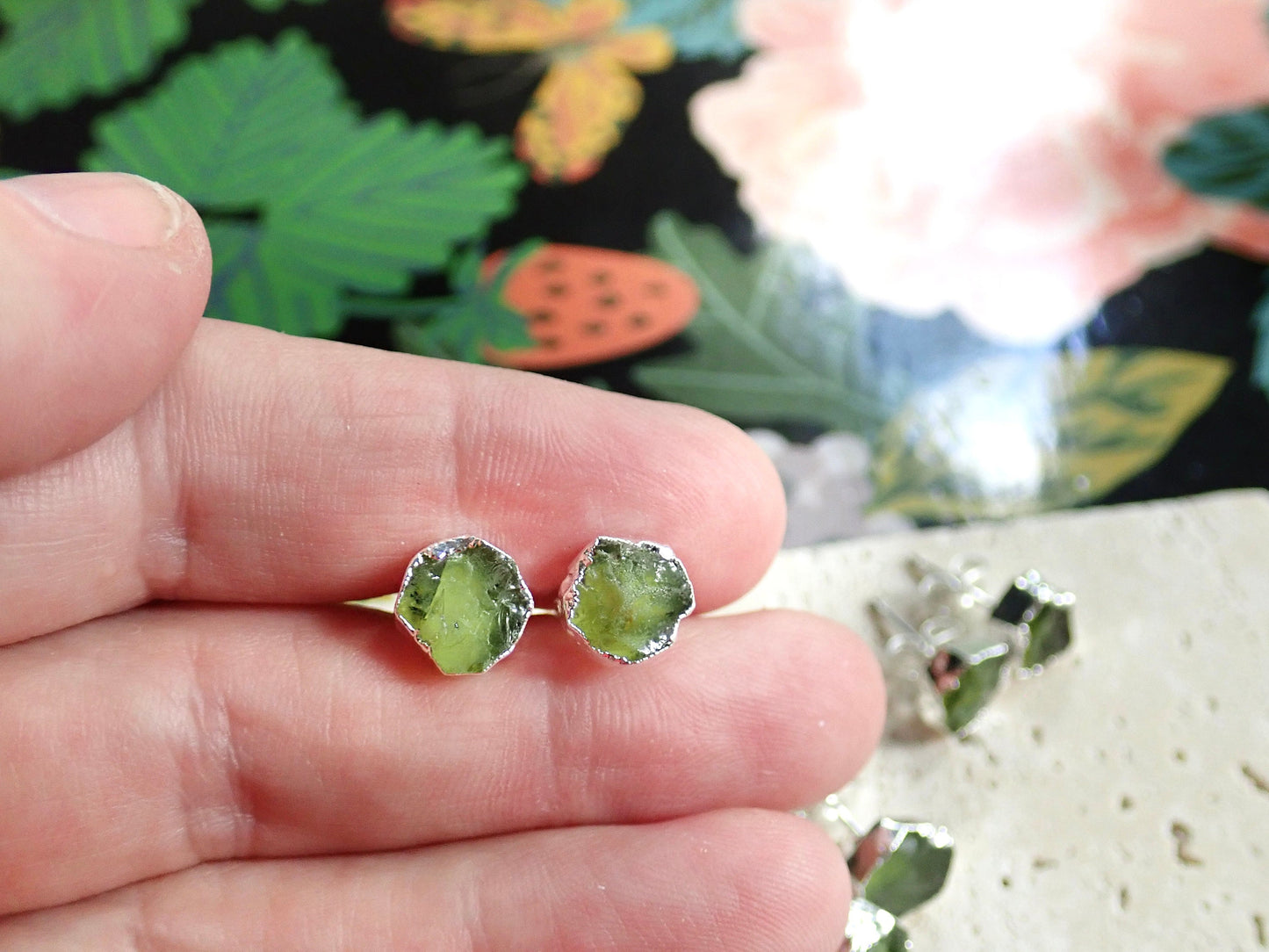 Raw Peridot Stud Earrings – Sterling Silver Electroplated | Natural August Birthstone Jewelry
