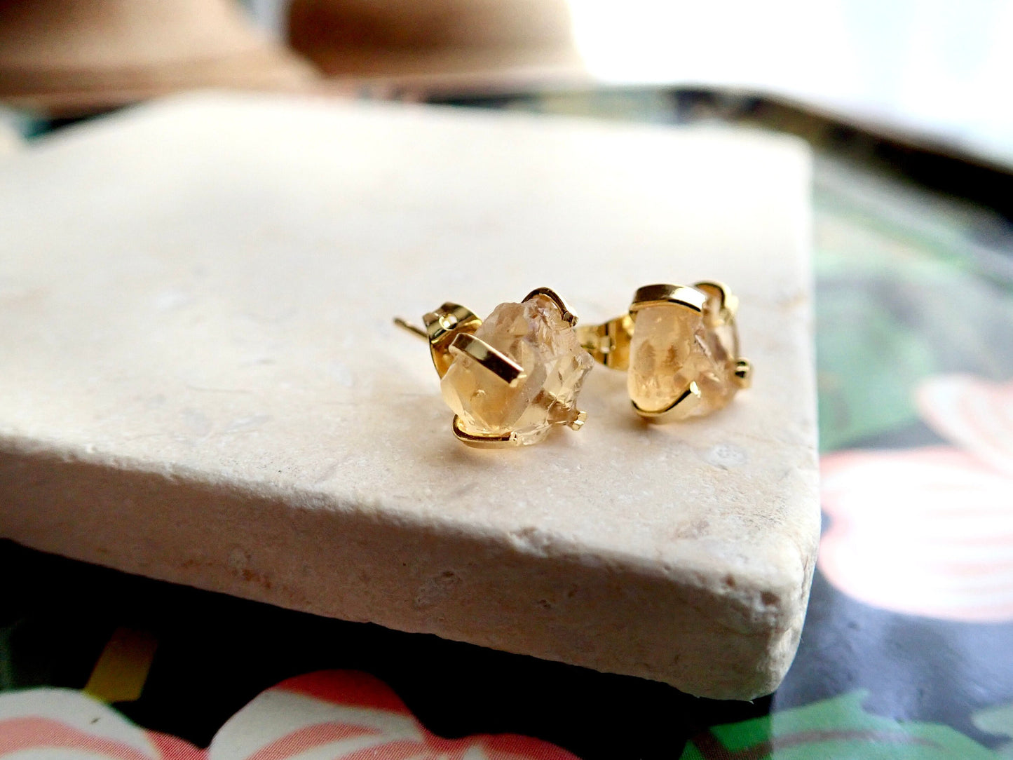 Raw Citrine Studs Earrings, Natural Gemstone Print Set Post Earring, November Birthstone Gift