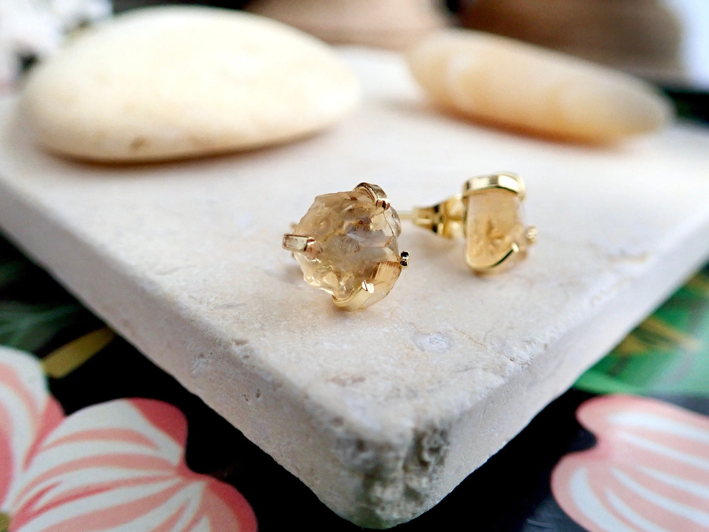 Raw Citrine Studs Earrings, Natural Gemstone Print Set Post Earring, November Birthstone Gift
