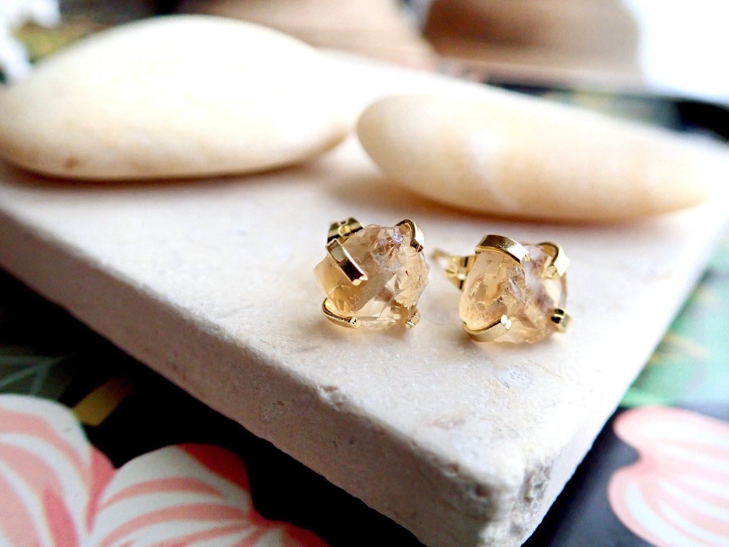 Raw Citrine Studs Earrings, Natural Gemstone Print Set Post Earring, November Birthstone Gift