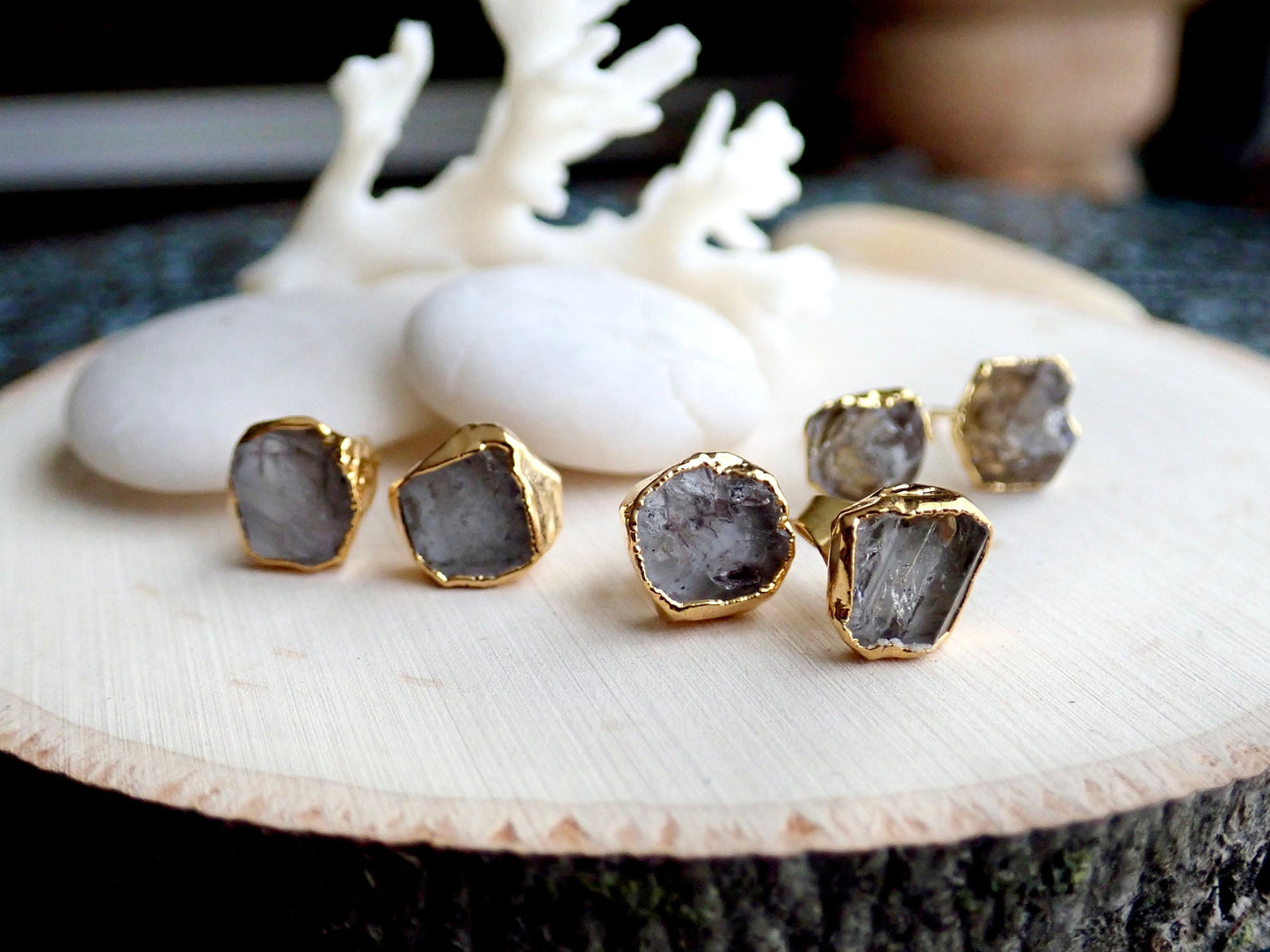 Raw Herkimer Diamond Stud Earrings, Birthstone Jewelry Gift, Herkimer Diamond Posts, Natural Crystal  Gemstone Earrings,Diamond Jewelry