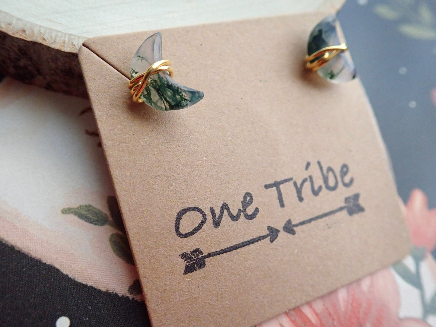 Crescent Moon Moss Agate Stud Earrings – Wire Wrapped in 14k Gold Fill or Sterling Silver, Handmade Crystal Jewelry