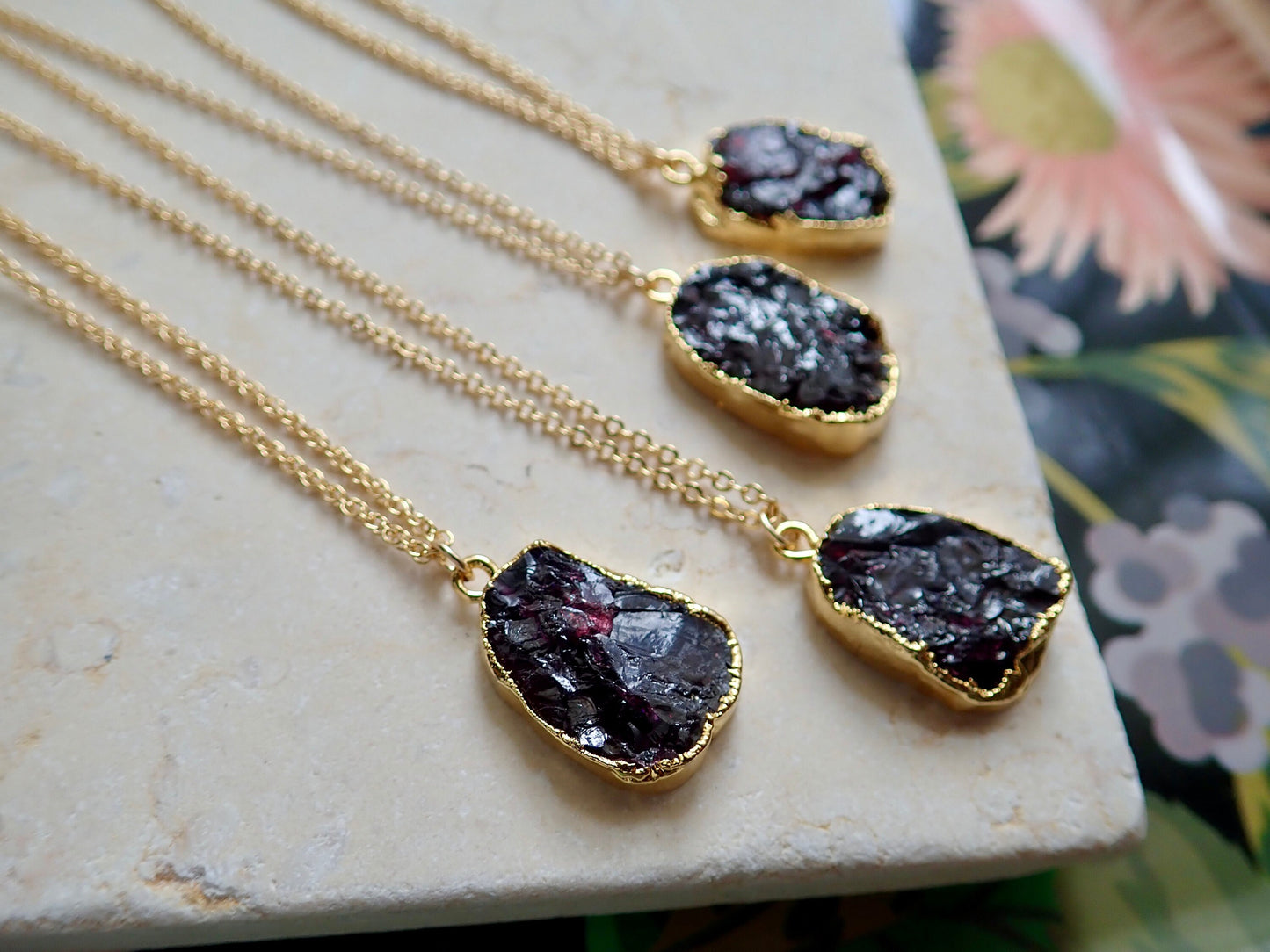 Raw Garnet Slice Necklace – 14k Gold Electroplated | 18k Gold Fill Chain in Cable or Wheat Style