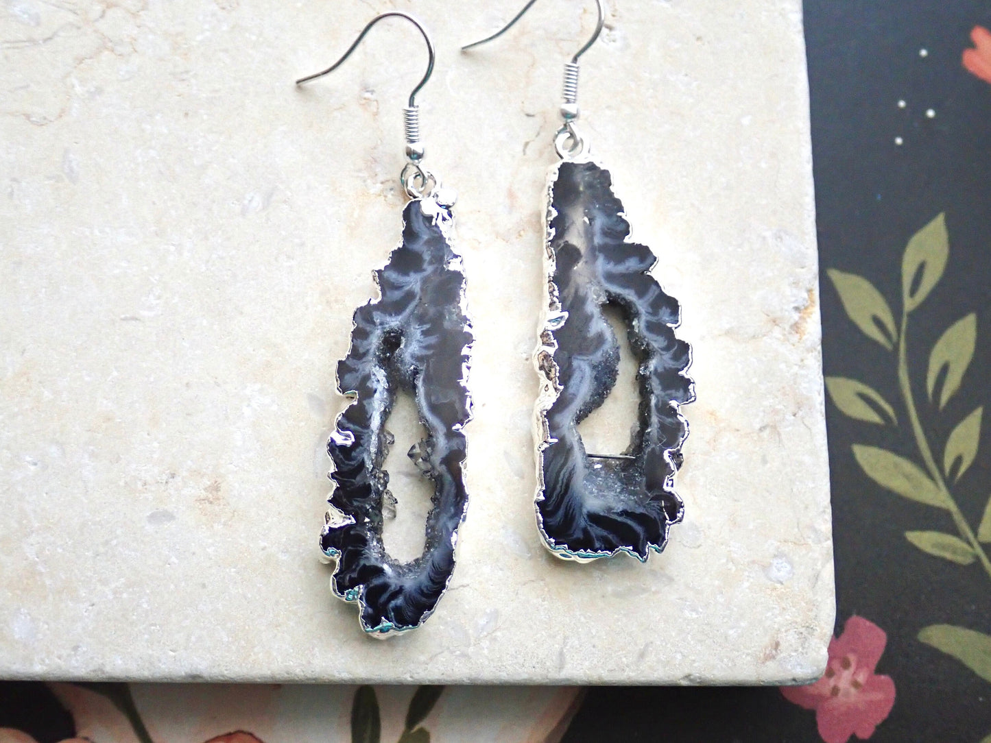 Geode Slicee Earrings Silver, | Boho Agate Crystal Jewelry