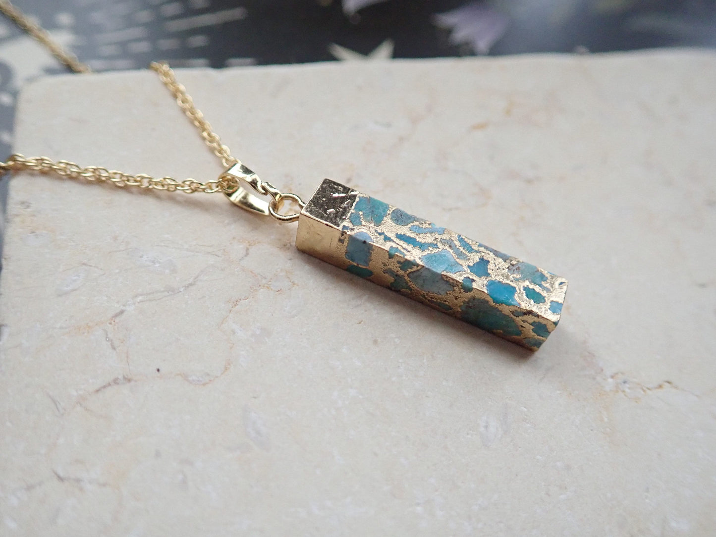 Dainty Copperized Turquoise Bar Necklace in Gold, Mojave Turquoise Pendant Necklace