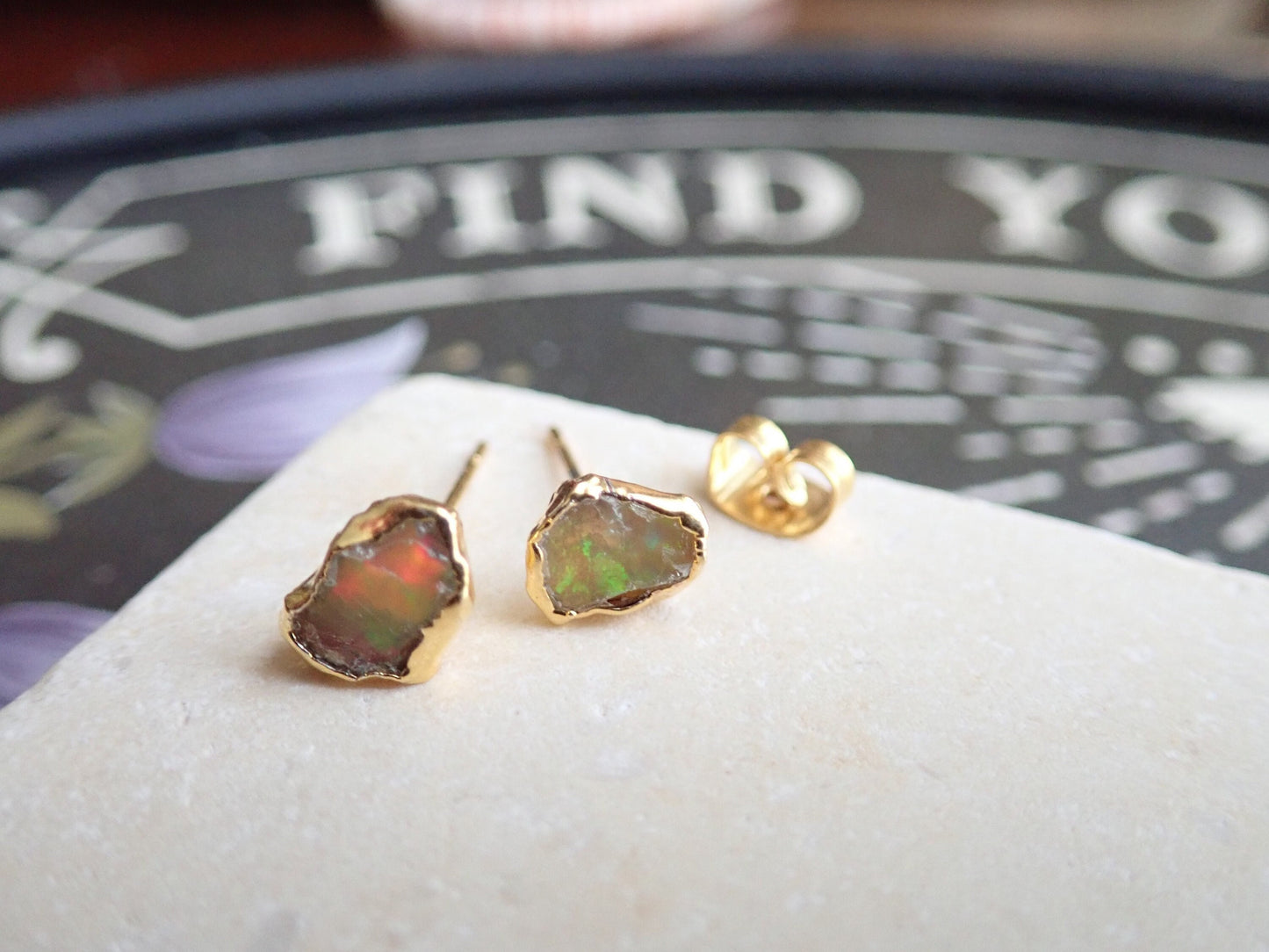 Raw Fire Opal Stud Earrings – 14k Gold Electroplated Sterling Silver – Genuine October Birthstone – Hypoallergenic Gold Posts – Handmade Gift for Her