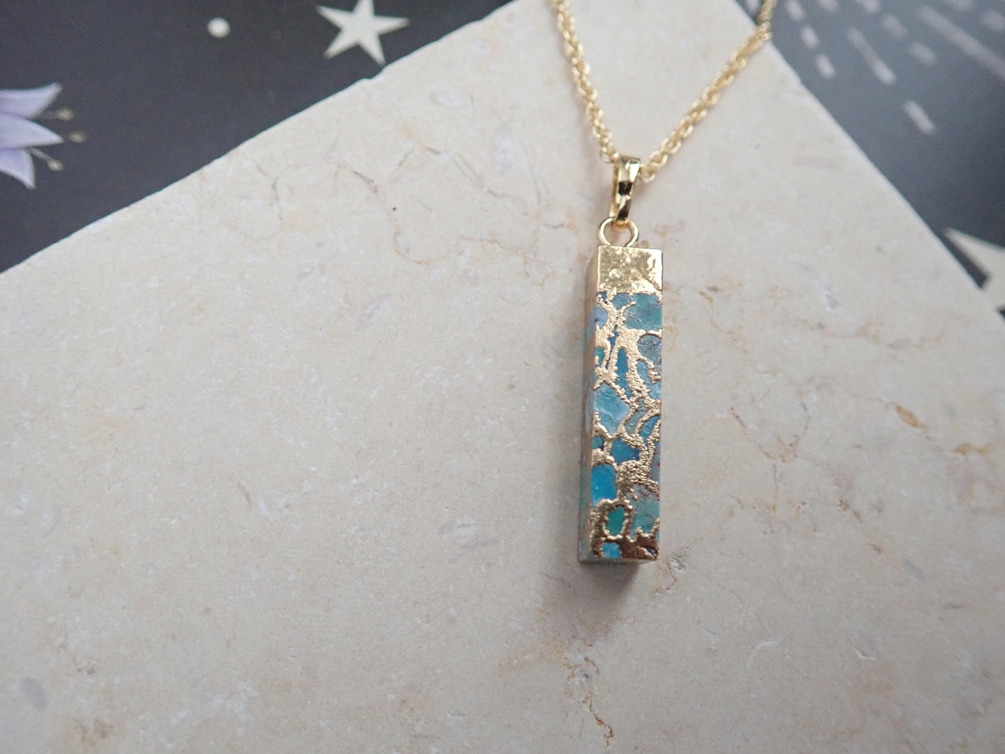 Dainty Copperized Turquoise Bar Necklace in Gold, Mojave Turquoise Pendant Necklace