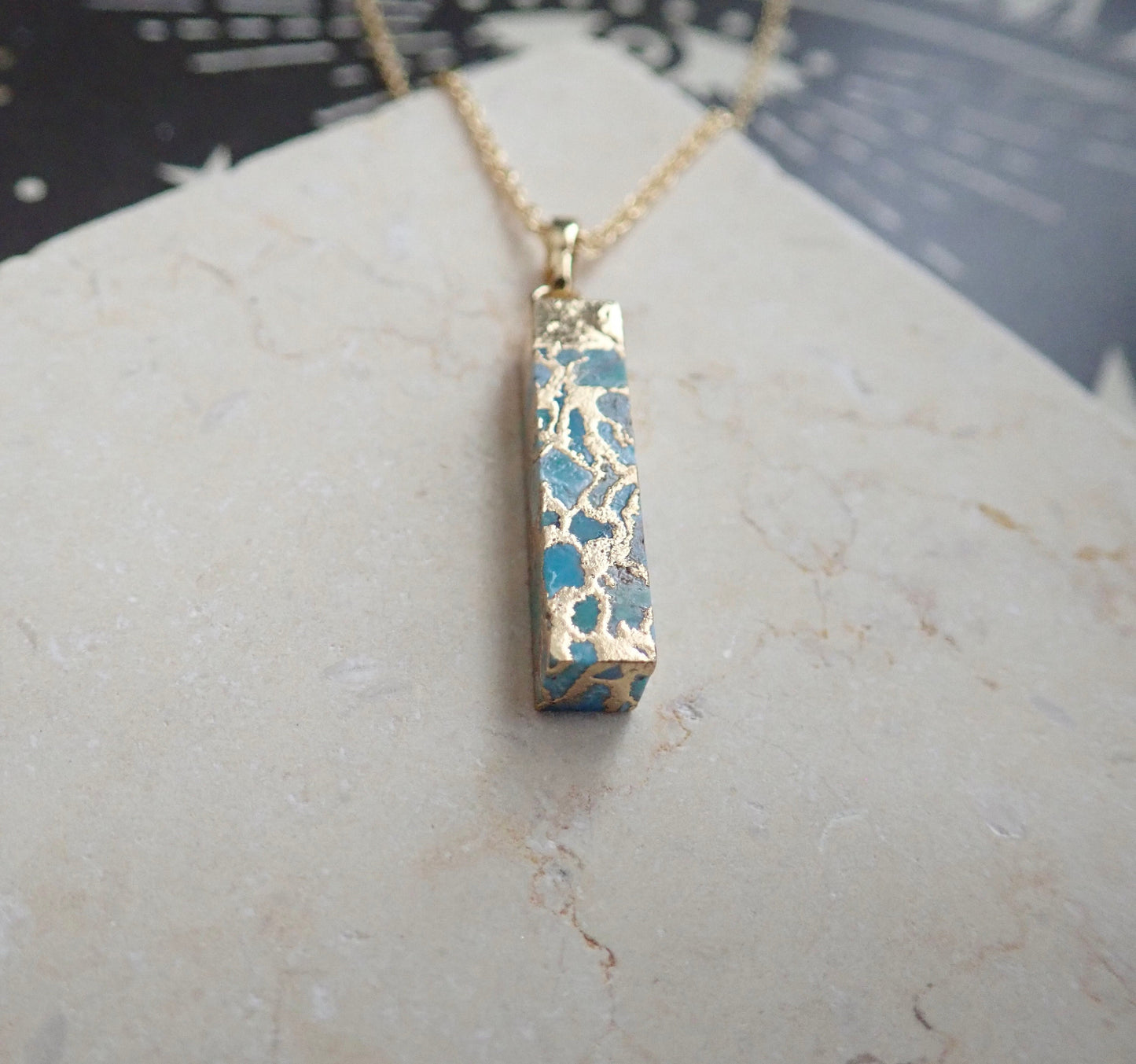 Dainty Copperized Turquoise Bar Necklace in Gold, Mojave Turquoise Pendant Necklace