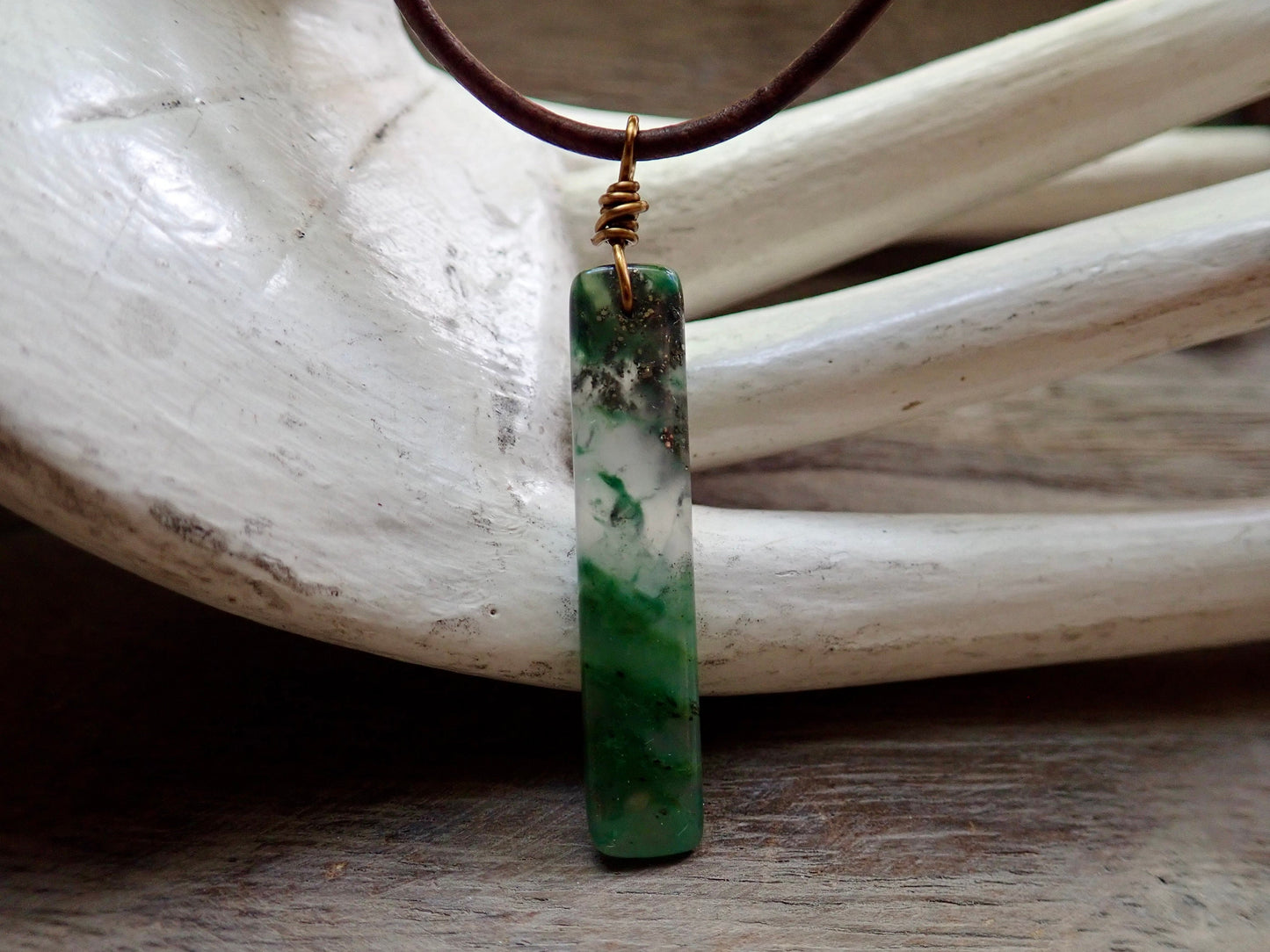 Men’s Leather Cord Necklace with Slim Rectangular Jade Pendant – Minimalist Natural Stone Jewelry – Handmade Green Jade Necklace