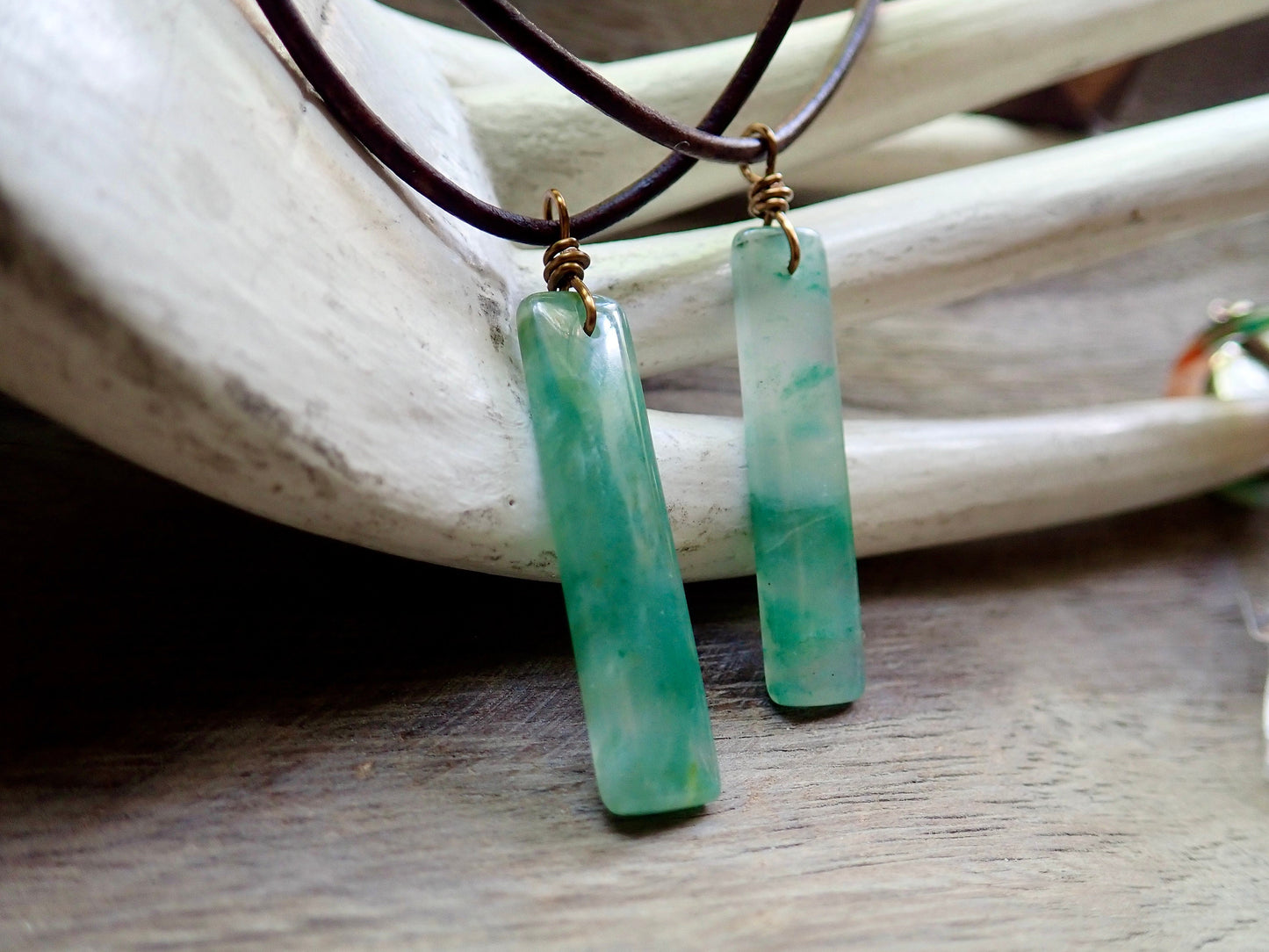 Men’s Leather Cord Necklace with Slim Rectangular Jade Pendant – Minimalist Natural Stone Jewelry – Handmade Green Jade Necklace