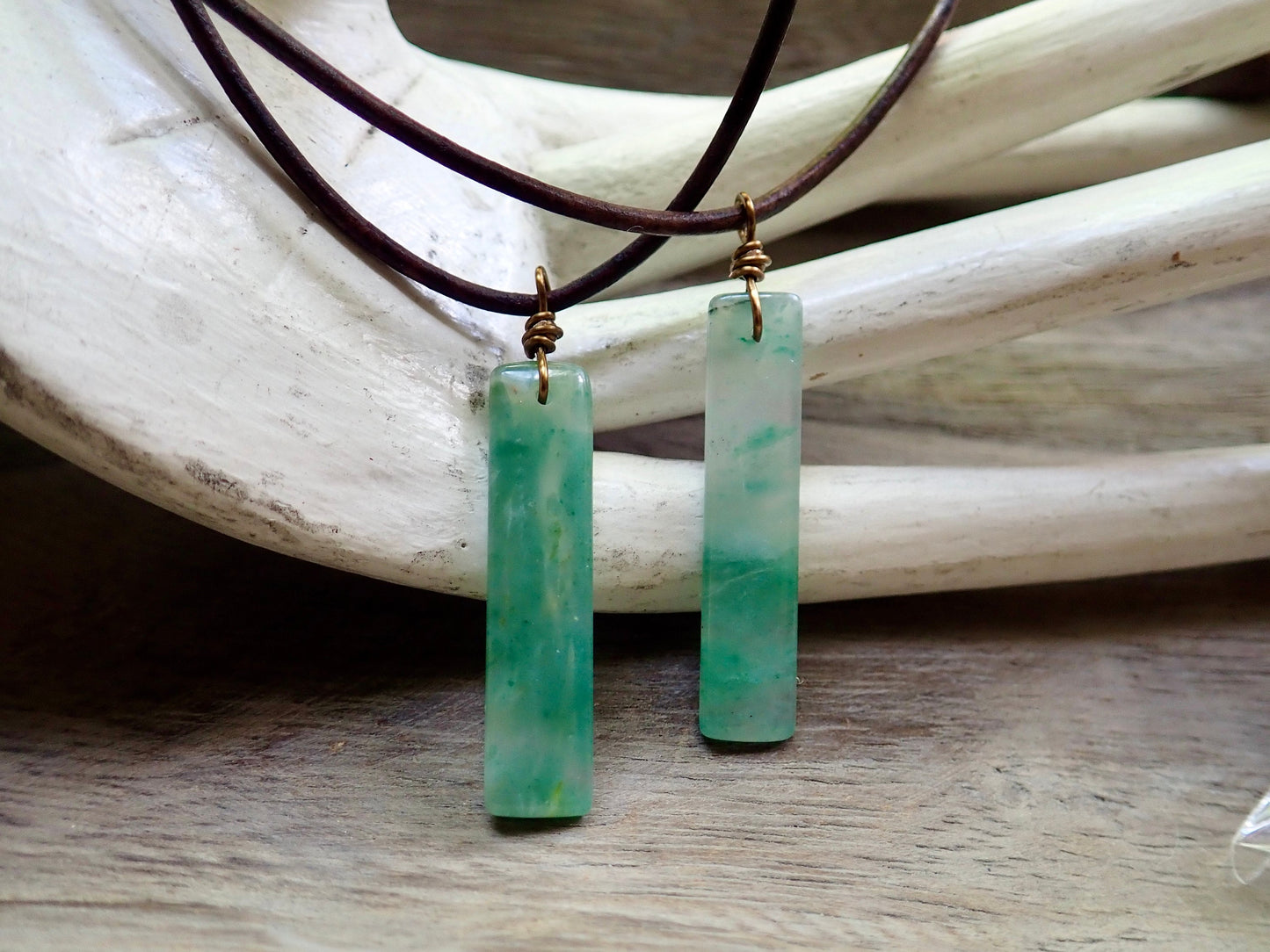 Men’s Leather Cord Necklace with Slim Rectangular Jade Pendant – Minimalist Natural Stone Jewelry – Handmade Green Jade Necklace