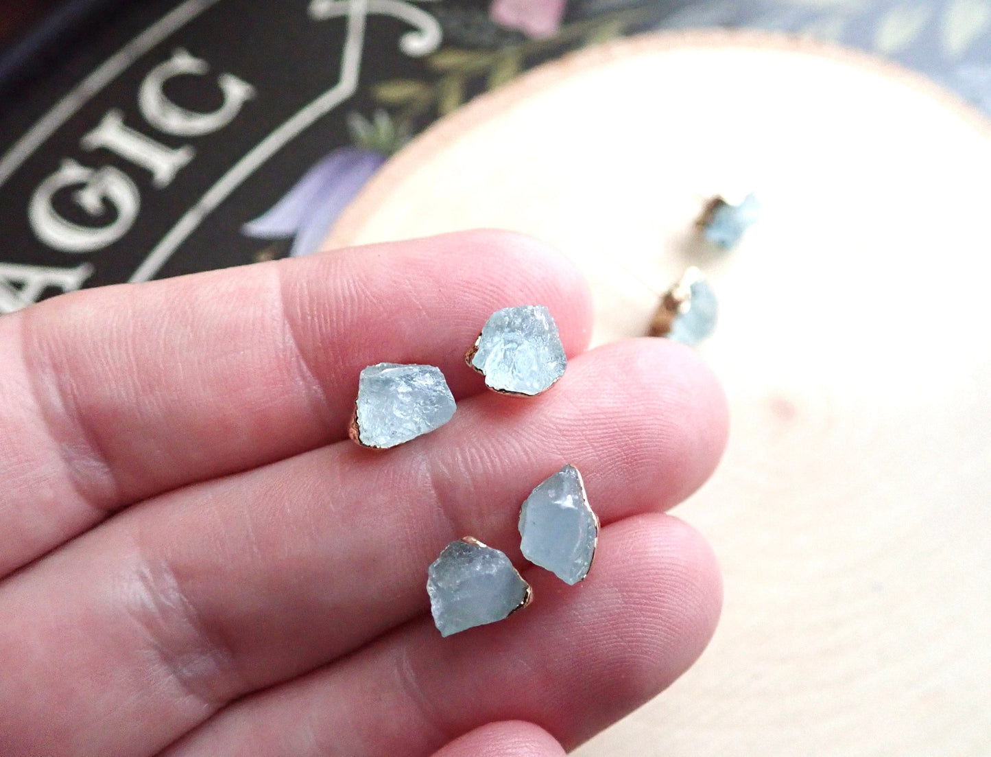 Raw Aquamarine Stud Earrings, Aquamarine Posts Gold, Aquamarine Jewelry, Blue Crystal Studs,March Birthstone Gift, Dainty Gemstone Earrings