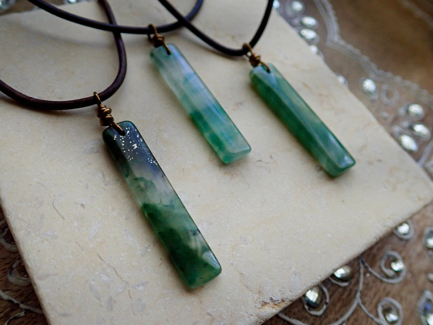Men’s Leather Cord Necklace with Slim Rectangular Jade Pendant – Minimalist Natural Stone Jewelry – Handmade Green Jade Necklace
