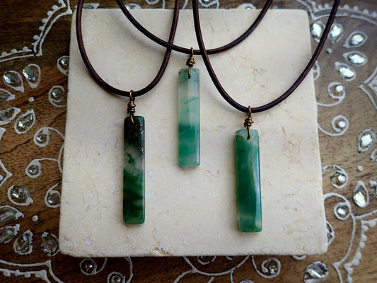 Men’s Leather Cord Necklace with Slim Rectangular Jade Pendant – Minimalist Natural Stone Jewelry – Handmade Green Jade Necklace