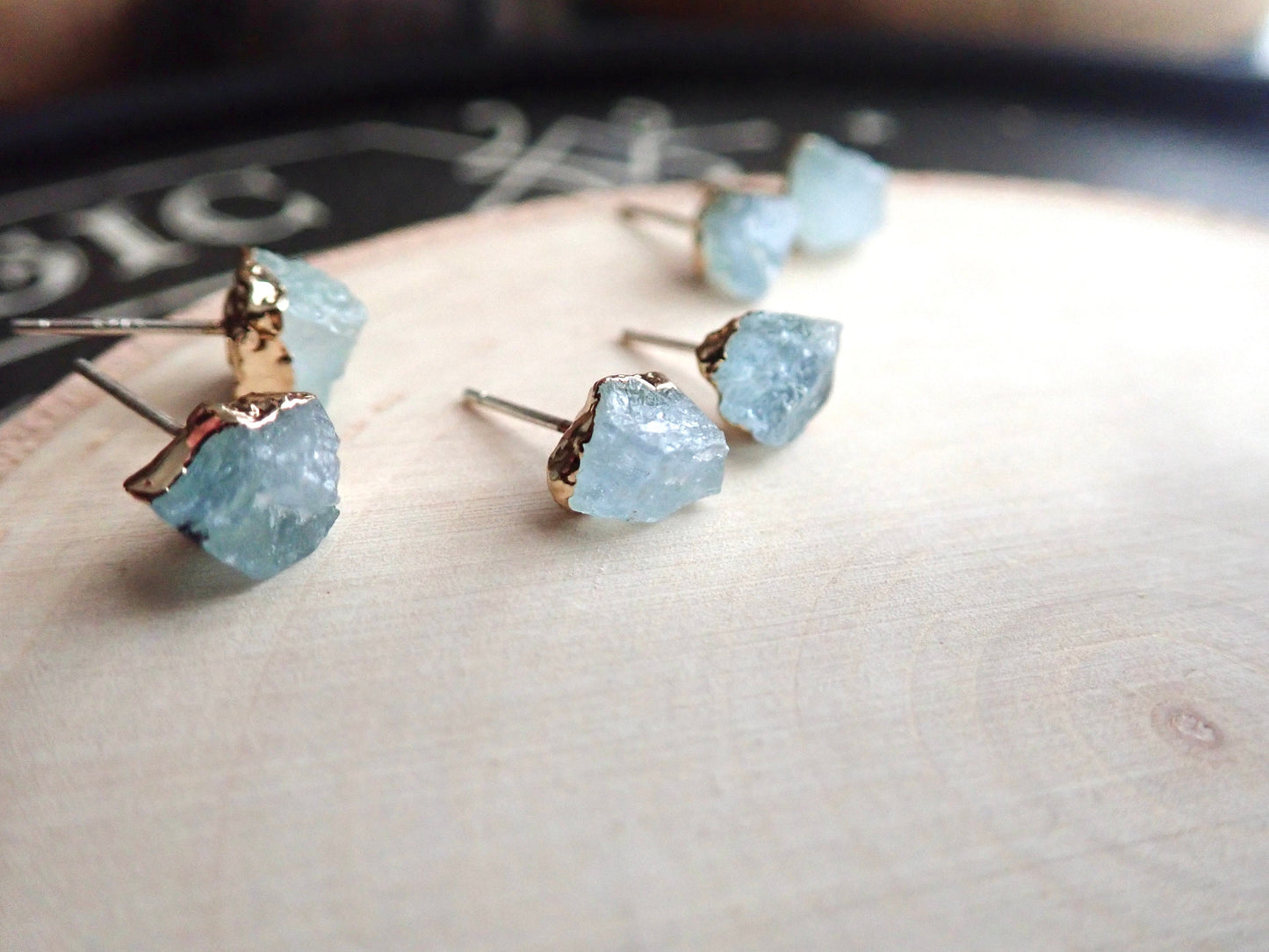 Raw Aquamarine Stud Earrings, Aquamarine Posts Gold, Aquamarine Jewelry, Blue Crystal Studs,March Birthstone Gift, Dainty Gemstone Earrings