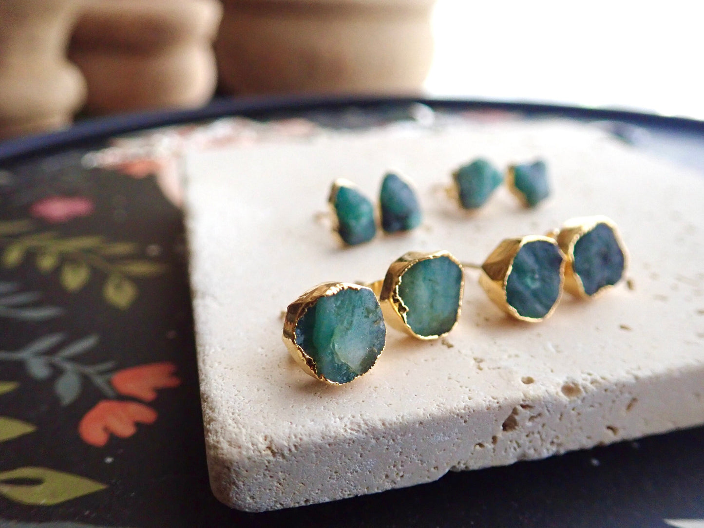 Raw Emerald Stud Earrings Electroplated in 14k Gold - NaturalGemstone Jewelry - May Birthstone Gift