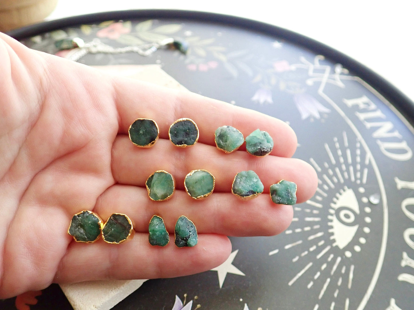 Raw Emerald Stud Earrings Electroplated in 14k Gold - NaturalGemstone Jewelry - May Birthstone Gift