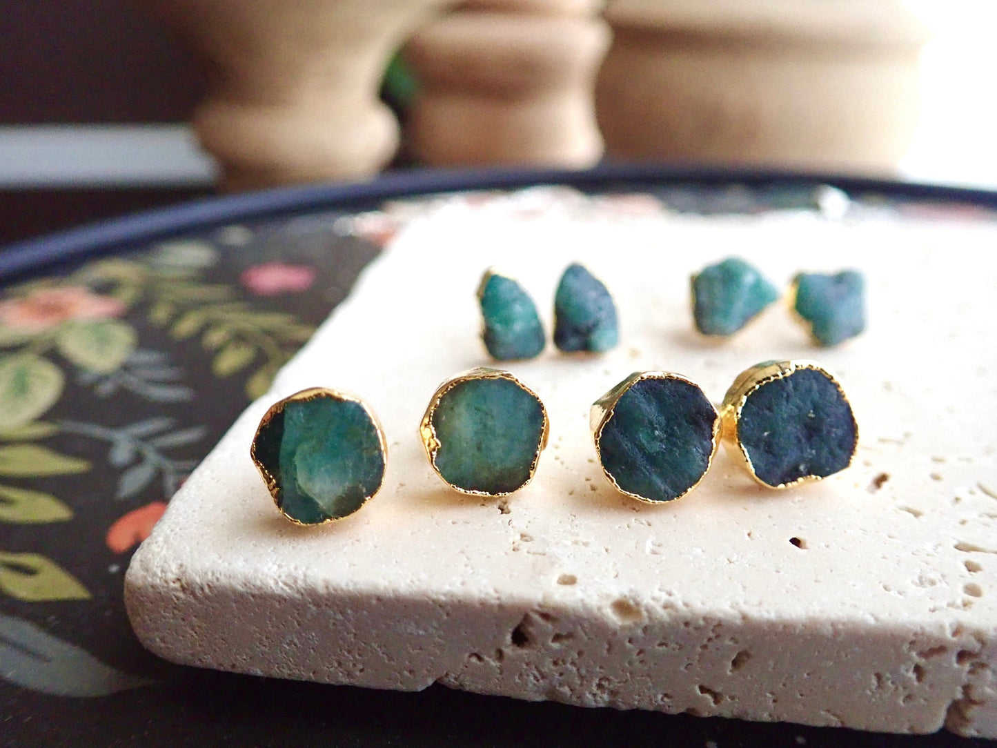 Raw Emerald Stud Earrings Electroplated in 14k Gold - NaturalGemstone Jewelry - May Birthstone Gift