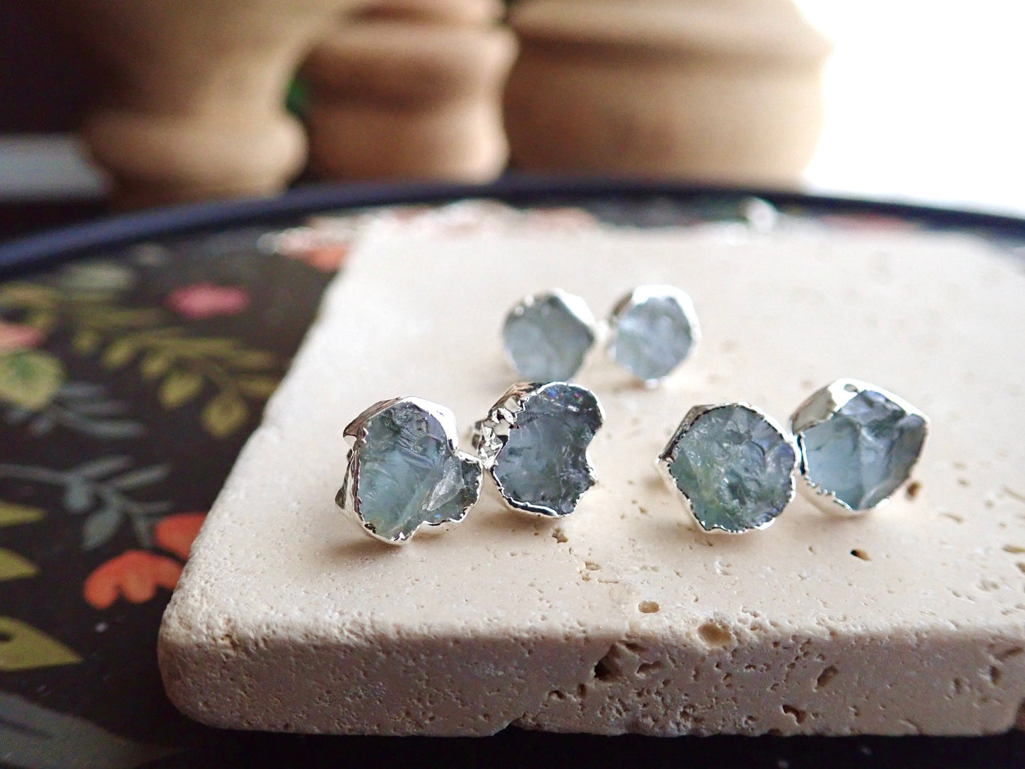 Raw Aquamarine Gemstone Stud Earrings – Sterling Silver  | Natural March Birthstone Jewelry