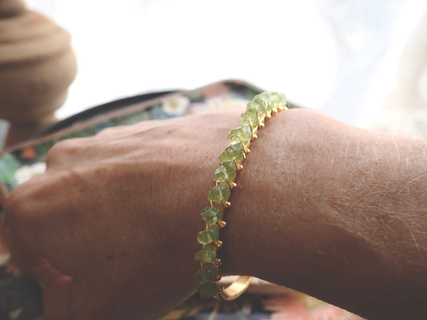 Gold Plated Open Cuff Bracelet with Wire-Wrapped Raw Peridots | August Birthstone Jewelry