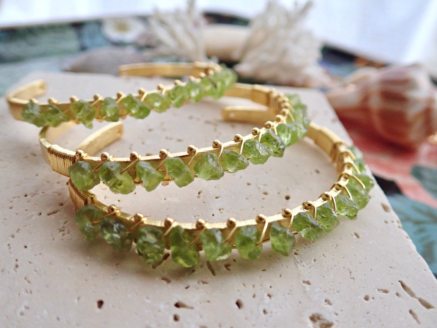 Gold Plated Open Cuff Bracelet with Wire-Wrapped Raw Peridots | August Birthstone Jewelry