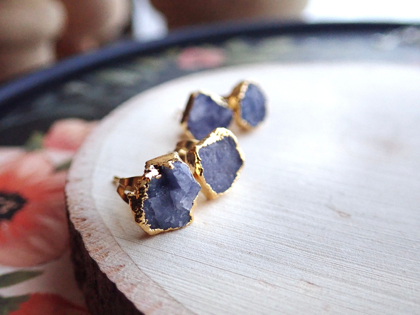Raw Tanzanite Stud Earrings – Electroplated in 14k Gold Vermeil | Natural December Birthstone Jewelry