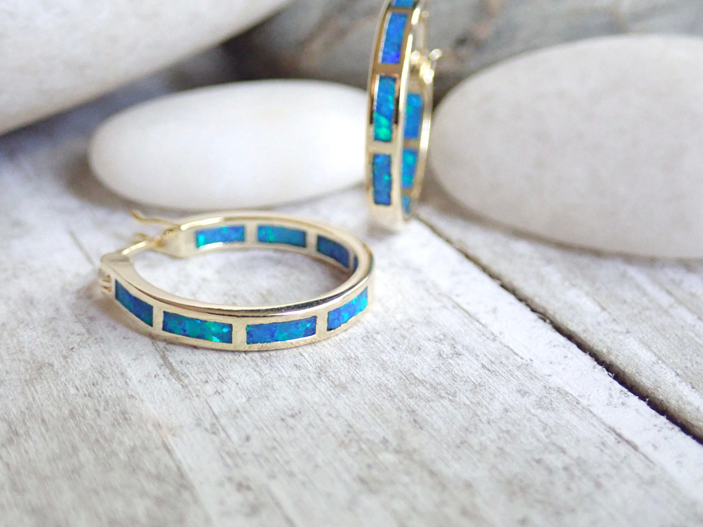 Silver Opal Hoop Earrings Inlaid with Blue Opal - Medium Gemstone Hoops - October Birthstone Gift