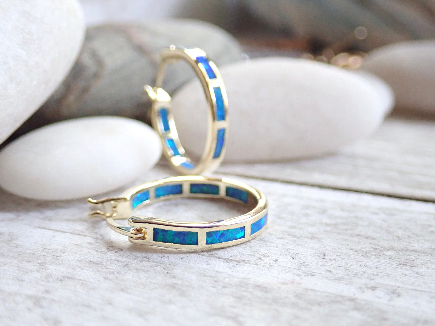 Silver Opal Hoop Earrings Inlaid with Blue Opal - Medium Gemstone Hoops - October Birthstone Gift