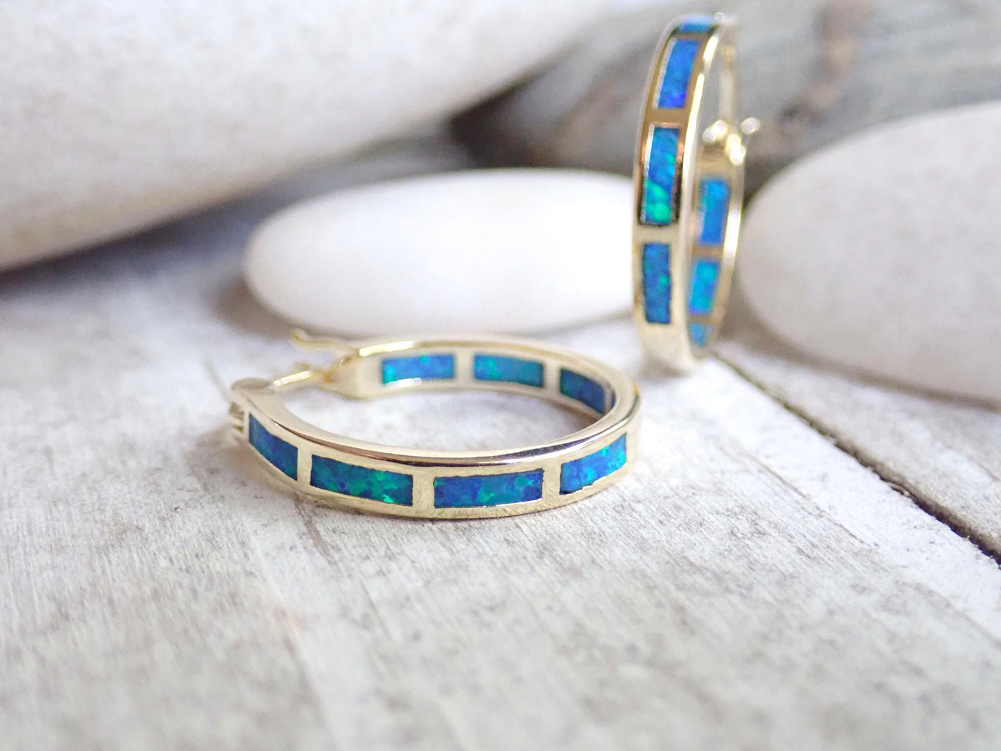 Silver Opal Hoop Earrings Inlaid with Blue Opal - Medium Gemstone Hoops - October Birthstone Gift